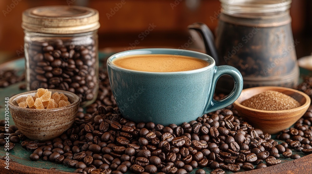 Fototapeta premium Coffee cup, beans, sugar, rustic kitchen, beverage