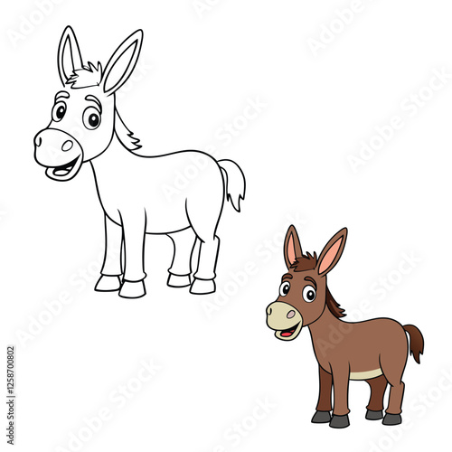 Cute donkey coloring page featuring a friendly donkey standing on grass with a cheerful expression, big ears, and a fluffy tail, perfect for kids to color and enjoy.