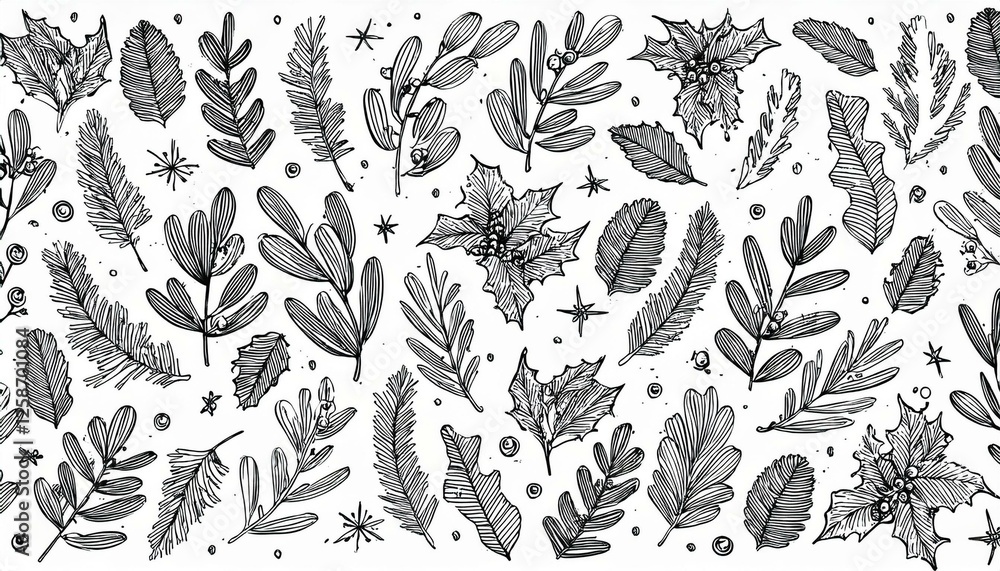 Fototapeta premium Christmas drawn xmas tree, leaf, holly flower background. Hand drawn doodle sketch holly floral, christmas tree leaves, winter pine. Holiday ornament, rustic wreath sketch doodle. perfect any project.