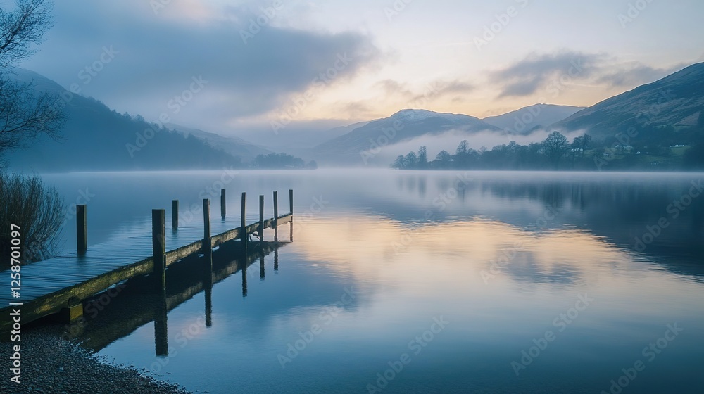 Serene Dawn at a Misty Mountain Lake Wooden Dock Serene Dawn at a Misty Mountain Lake Wooden Dock