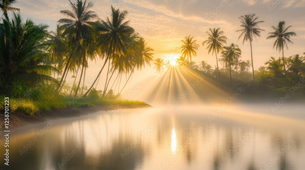 Obraz premium Sunrise Rays Illuminate Misty Tropical Palms Over Water