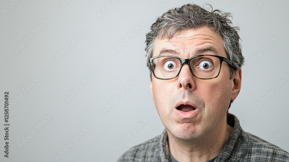 Man with shocked expression. Eyes wide, mouth open in surprise, wearing glasses. The background is grey providing contrast. Man with shocked expression. Eyes wide, mouth open in surprise, wearing glasses. The background is grey providing contrast.