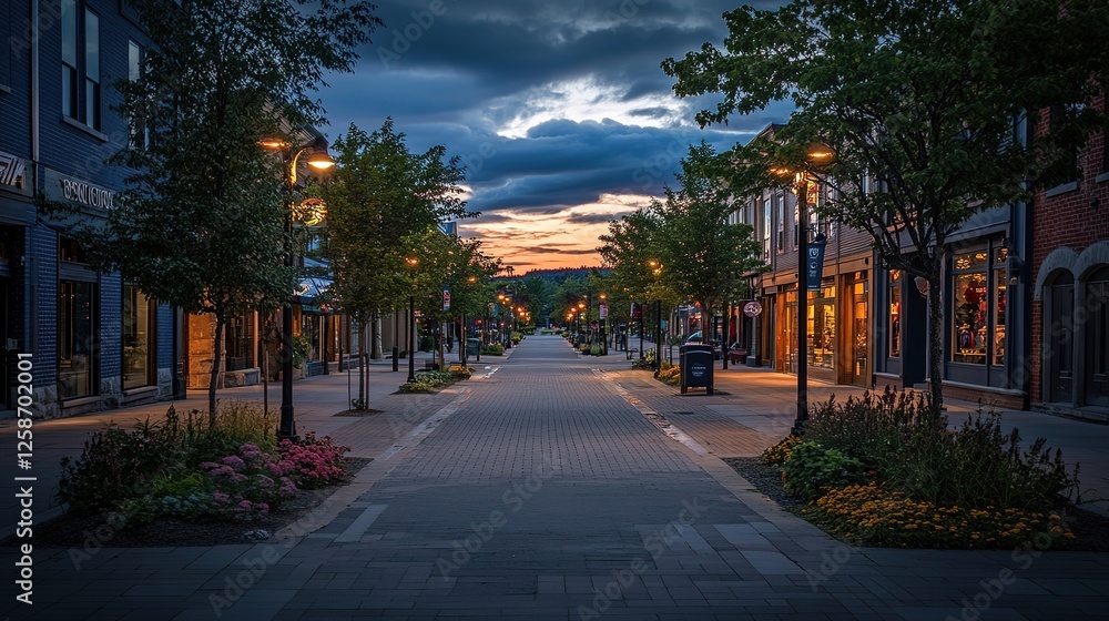 Serene Evening Street Scene Shops And Trees Dusk Serene Evening Street Scene Shops And Trees Dusk