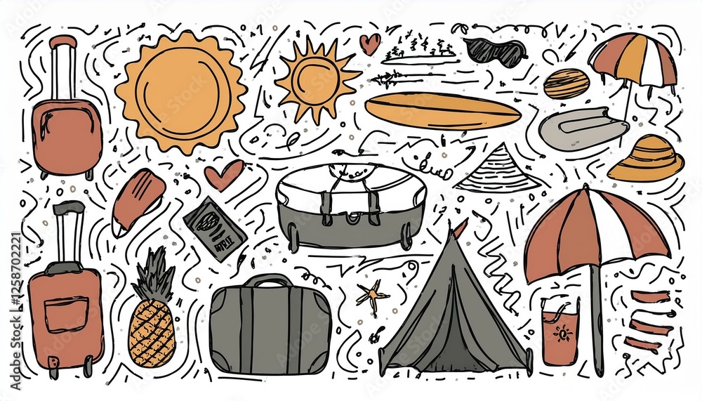 Fototapeta premium Summer travel vacation drawn set. Hand drawn sketch doodle style summer trip, vacation background. Sun, travel bag, beach tent doodle element. Funny tourism perfect any project.