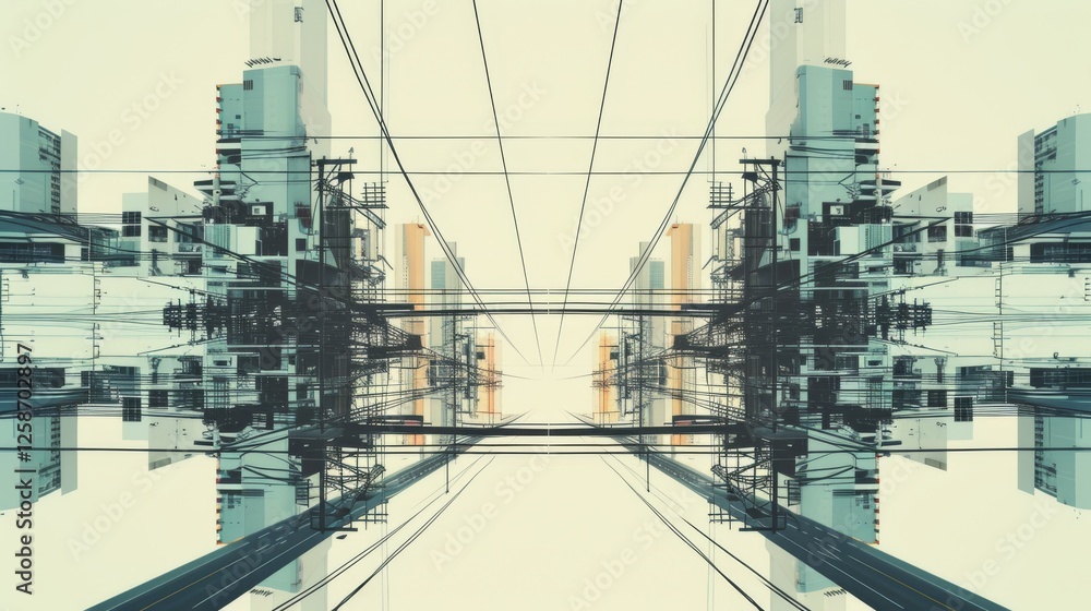 A mesmerizing futuristic city with a mirrored effect, intricate power lines, and symmetrical structures, creating a digital urban dreamscape with sci-fi aesthetics. AI generated. A mesmerizing futuristic city with a mirrored effect, intricate power lines, and symmetrical structures, creating a digital urban dreamscape with sci-fi aesthetics. AI generated.