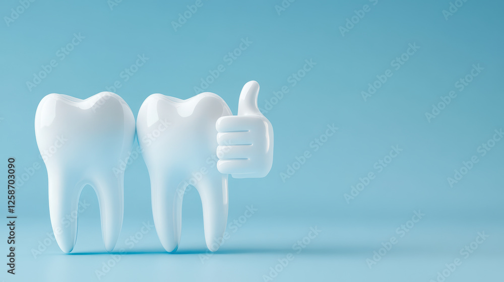 Tooth and thumbs up icon on blue background for dental health and hygiene concept Tooth and thumbs up icon on blue background for dental health and hygiene concept