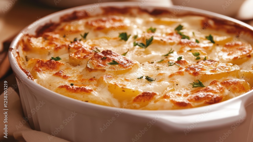 Velvety potato gratin layered with rich cream and fragrant herbs for a decadent and comforting side dish Velvety potato gratin layered with rich cream and fragrant herbs for a decadent and comforting side dish