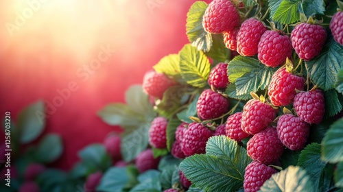 Sun-drenched raspberry bush in harvest photo