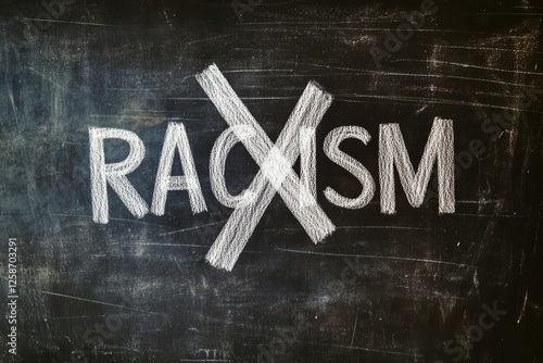 Powerful Message Against Racism Written in Bold White Chalk on a Black Chalkboard Signifying Unity and Social Justice Advocacy Perfect for Awareness Campaigns and Educational Purposes photo