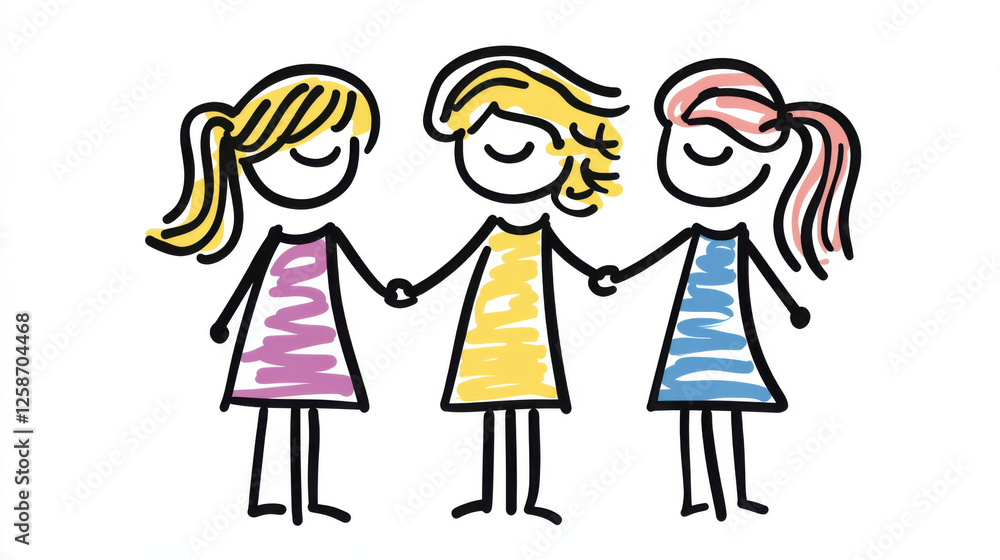 Three stick figure girls holding hands, each with unique hair colors and dresses, symbolizing friendship and unity. Three stick figure girls holding hands, each with unique hair colors and dresses, symbolizing friendship and unity.