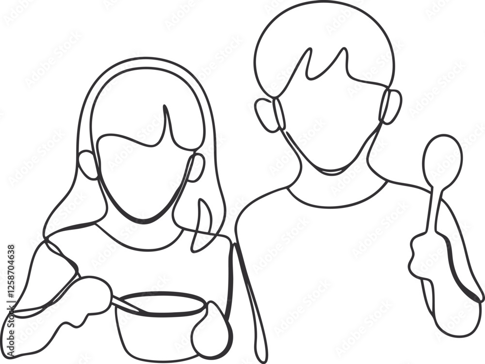 Line art drawing siblings, cooking, eating, mealtime, family, together, childhood, simple, illustrat Line art drawing siblings, cooking, eating, mealtime, family, together, childhood, simple, illustrat