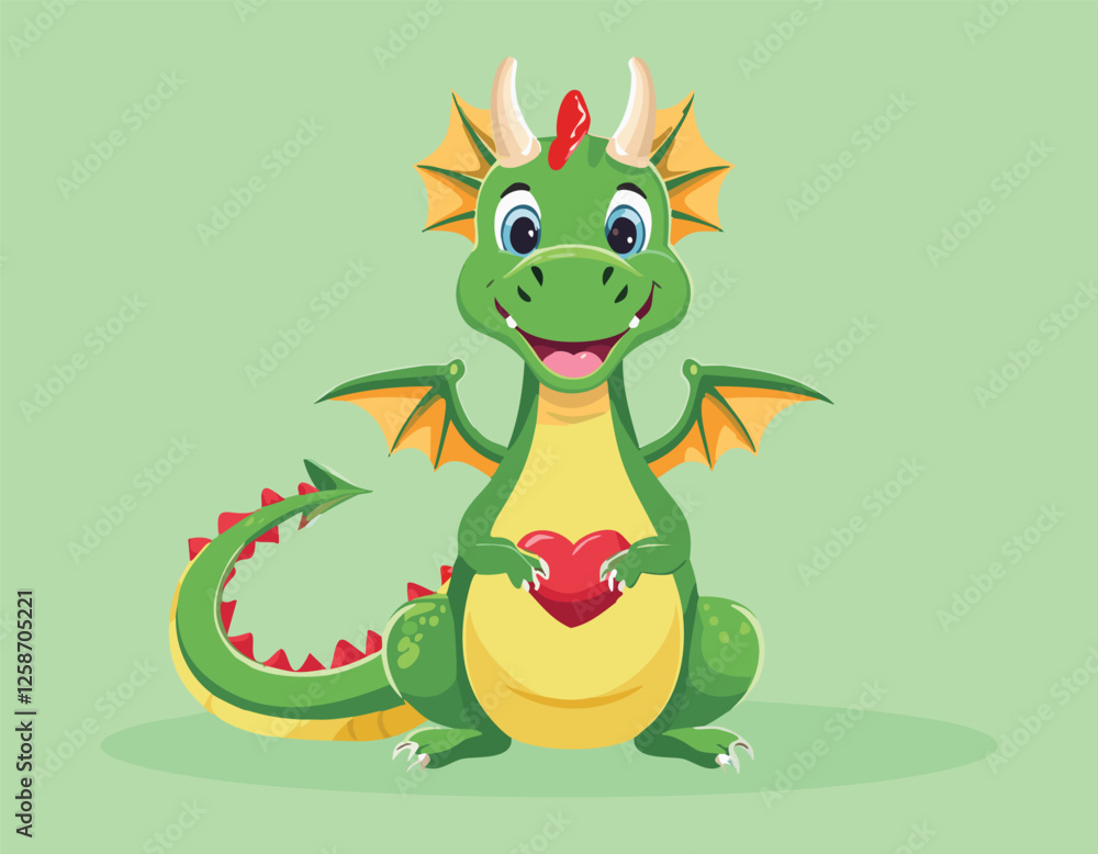 Fototapeta premium A green dragon animal cartoon with a read heart simple flat design.