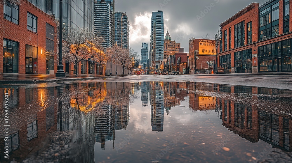 Fototapeta premium Cityscape Reflection in a Puddle After a Winter Snow