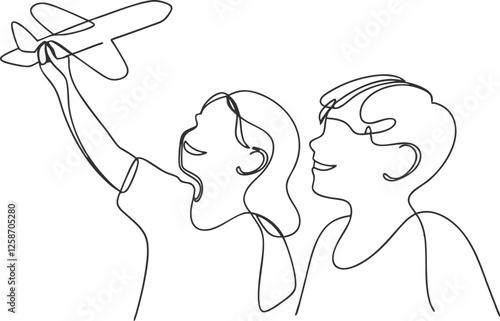 Childhood Dreams Two Children Playing with a Toy Airplane