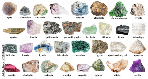 specimens of various rough rocks with names cutout photo