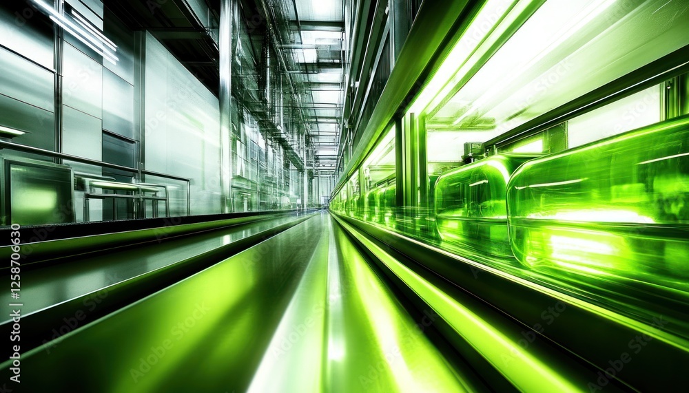 Green Glass Bottles Moving On A Conveyor Belt In A Factory Green Glass Bottles Moving On A Conveyor Belt In A Factory