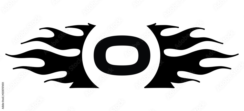Futuristic abstract Logo with Fiery Flame Motif and Geometric 'O' Emblem, Black and White Artwork Futuristic abstract Logo with Fiery Flame Motif and Geometric 'O' Emblem, Black and White Artwork