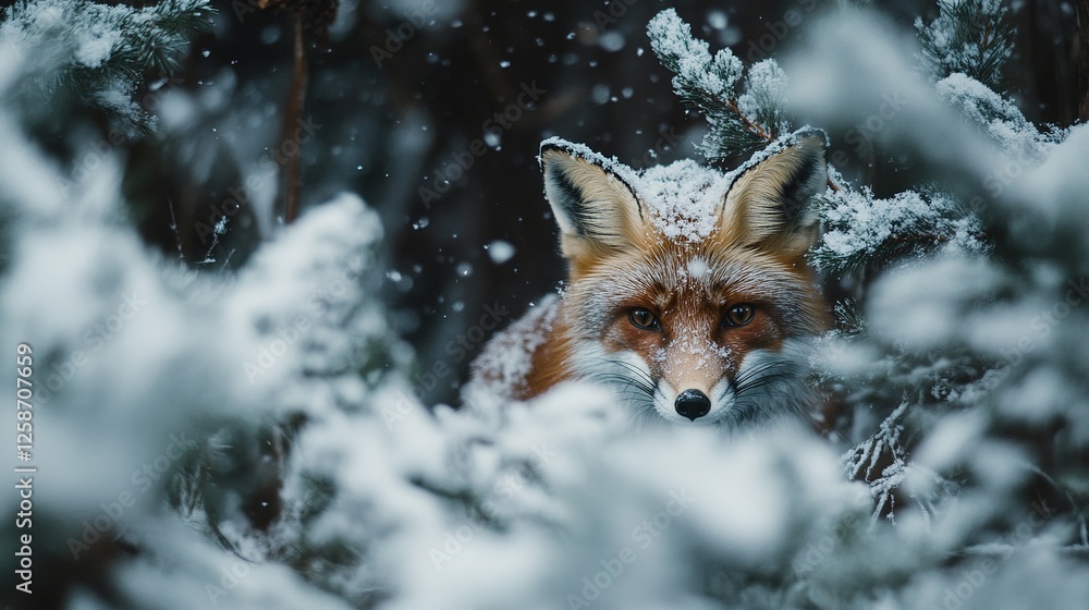 Red Fox Hidden in Snowy Winter Forest Red Fox Hidden in Snowy Winter Forest