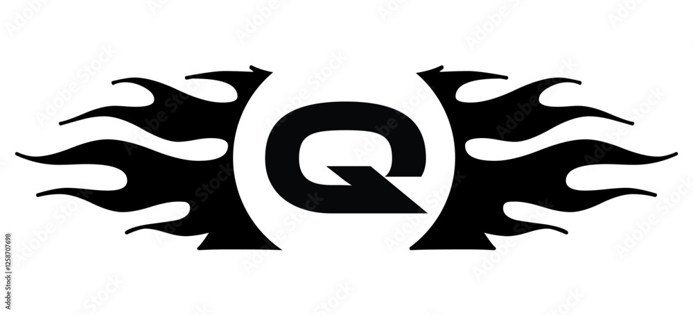 Futuristic abstract Logo with Fiery Flame Motif and Geometric 'Q' Emblem, Black and White Artwork Futuristic abstract Logo with Fiery Flame Motif and Geometric 'Q' Emblem, Black and White Artwork