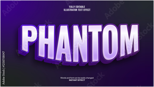 Editable 3D Phantom Text Effect with Glowing Purple Gradient, Bold Typography, and Mysterious Aesthetic for Spooky, Fantasy, and Futuristic Graphic Design.