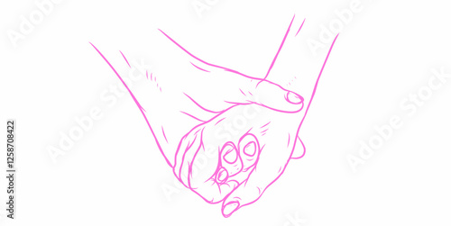 two hands holding each other, drawn in a minimalist pink line art style vector illustration