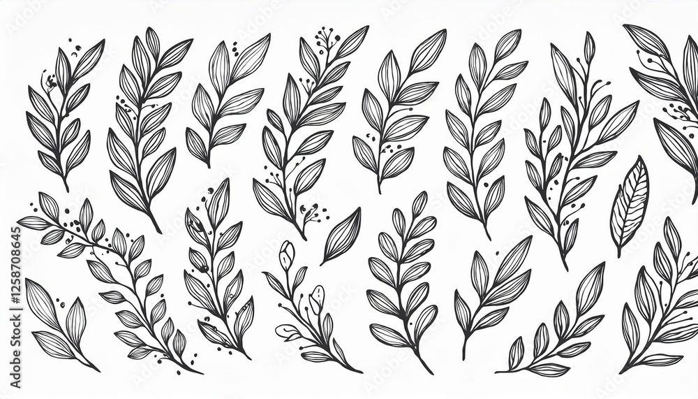 Naklejka premium Leaf branch wreath rustic set. Hand drawn sketch doodle style leaf. Flourish branch, laurel flower for border, divider design element. perfect any project.
