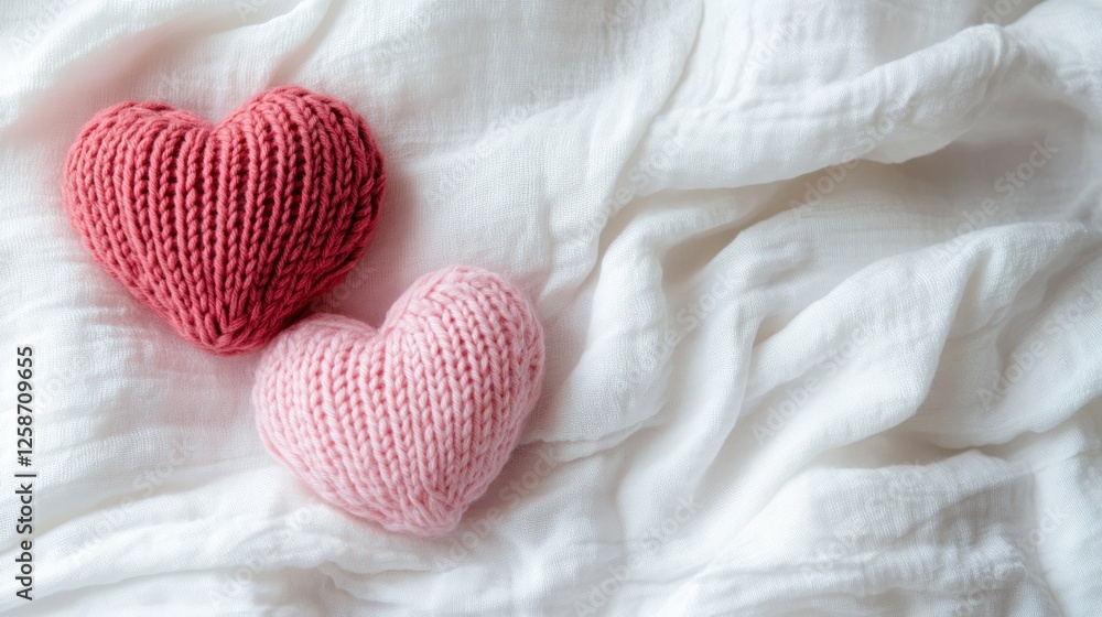 Two knitted hearts on white fabric. Two knitted hearts on white fabric.