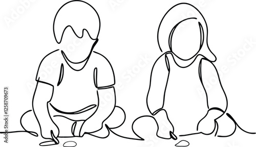 Childhood Play Two Toddlers Drawing with Stones Simple Line Art