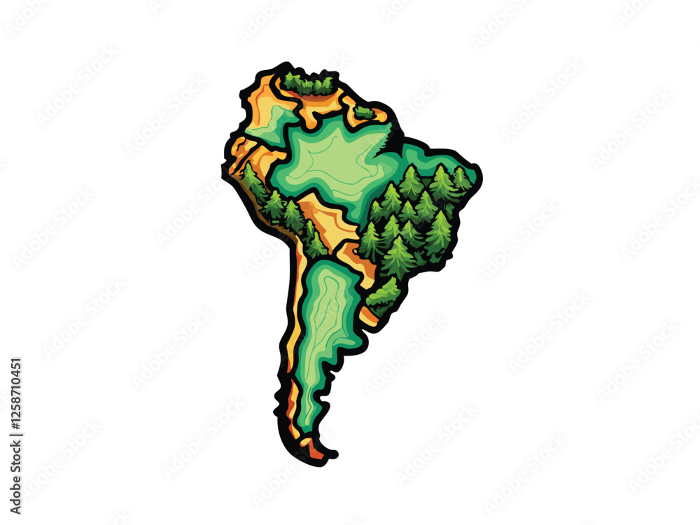 Obraz premium Create a detailed vector map of South America highlighting its diverse rainforests with vibrant greens and browns, showcasing major rivers and mountain ranges.