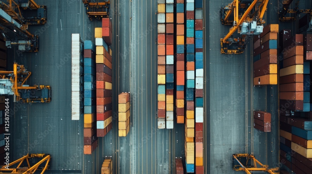 Obraz premium Aerial View of a Busy Cargo Port: Stacks of Colorful Shipping Containers and Industrial Cranes
