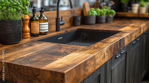 Close-up view of a modern undermount black sink integrated with a wooden countertop in a sleek kitchen setting