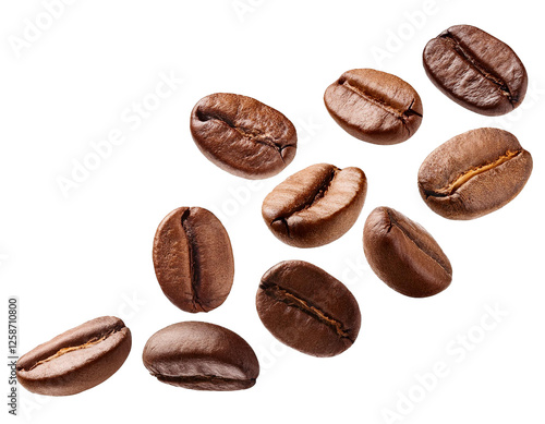 Falling Coffee beans isolated on white background, cutout