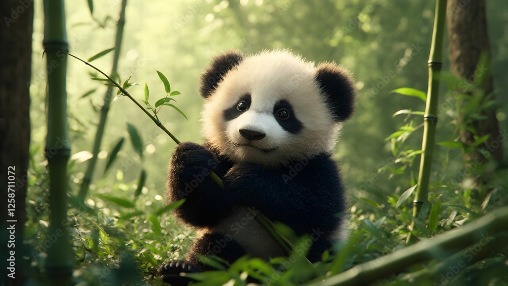 Fototapeta premium Baby panda eating in the forest