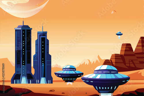 Futuristic Mars colony skyline, towering high-rises, multiple alien spacecraft docked at a spaceport.  Detailed, vibrant, sci-fi art.