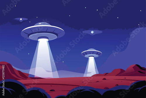 A futuristic space base hovers over a desolate Martian landscape, a lone alien figure observing the scene.