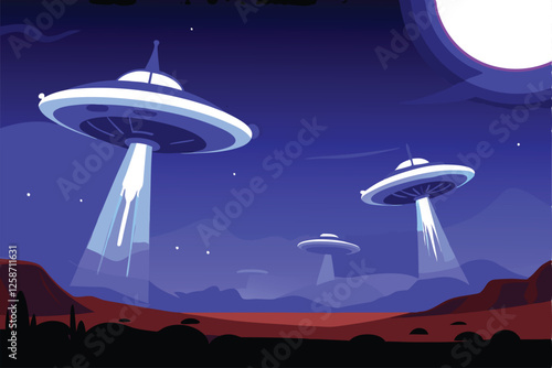 A futuristic space base hovers over a desolate Martian landscape, with a lone alien figure observing.  Detailed, realistic depiction.