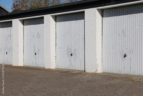 Fotografi close-up of a row of closed white garage doors