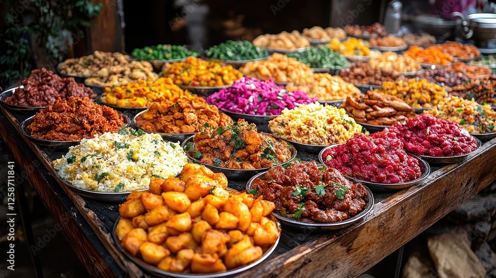 Fototapeta premium Colorful food market stall displays diverse dishes