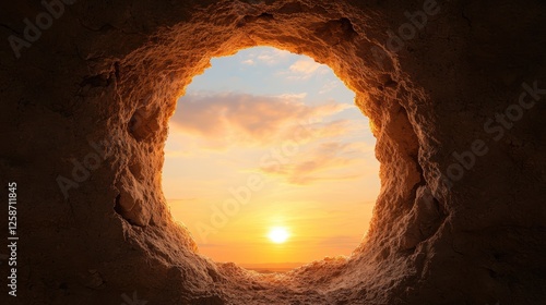 A beautiful sunset viewed through a circular opening, illuminating the sky with warm colors against a textured background.