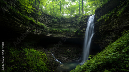 A deep forest ravine with a rushing waterfall cascading into a hidden pool, surrounded by rich vegetation