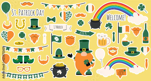 Big vector horizontal Happy St. Patrick's Day sticker set with green clover, shamrock, gold coins pot, flag, rainbow, moustache, horseshoe, hat, flag, garlands, beer in hand drawn style. Doodle design