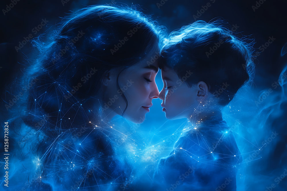 An abstract digital background featuring an image forming the shape of a mother and son embracing, highlighted by connecting data points in blue and black colors. An abstract digital background featuring an image forming the shape of a mother and son embracing, highlighted by connecting data points in blue and black colors.