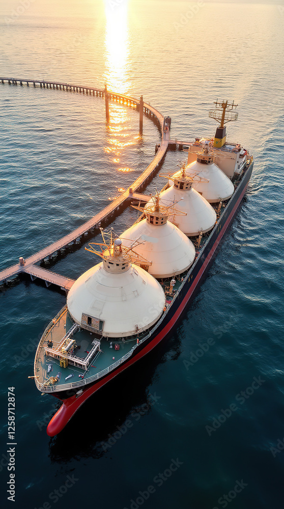 Large Oil Tanker Docked at Port During Sunset Over the Ocean Large Oil Tanker Docked at Port During Sunset Over the Ocean
