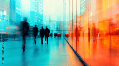 A blurred urban scene featuring silhouettes of people walking against colorful, reflective buildings.