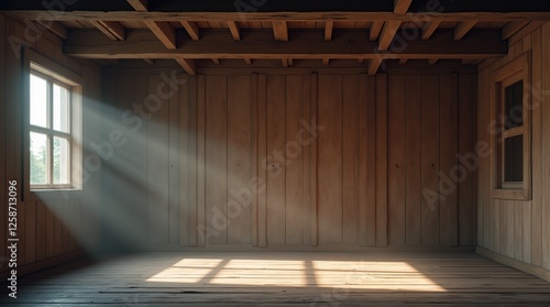 Sunlit Wooden Interior with Beams Illuminated by Rays of Daylight Through Windows