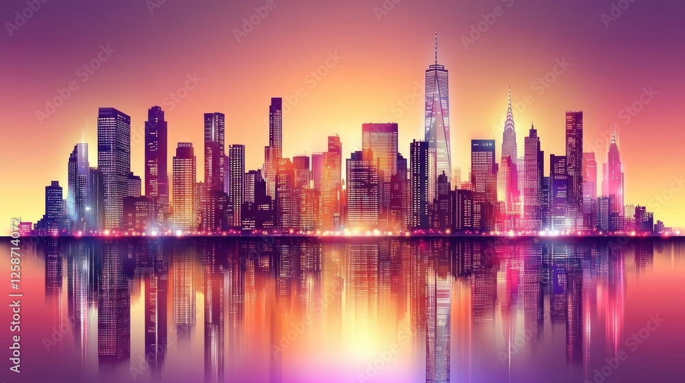 Fototapeta premium Vibrant city skyline at sunset reflected in water.