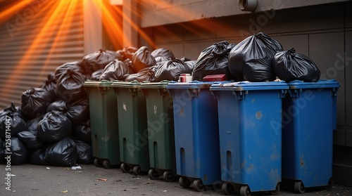 Overflowing Garbage Bins With Black Bags Lit by Sunset Rays photo