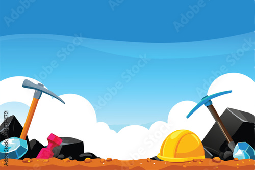 Create a vector illustration of a mining and geology background featuring realistic rocks, minerals, and excavation elements.  Style should be detailed and professional.