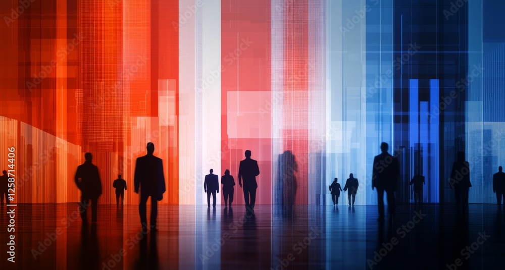 A visually striking image featuring silhouettes of business people against a backdrop of vibrant red and blue abstract patterns. A visually striking image featuring silhouettes of business people against a backdrop of vibrant red and blue abstract patterns.