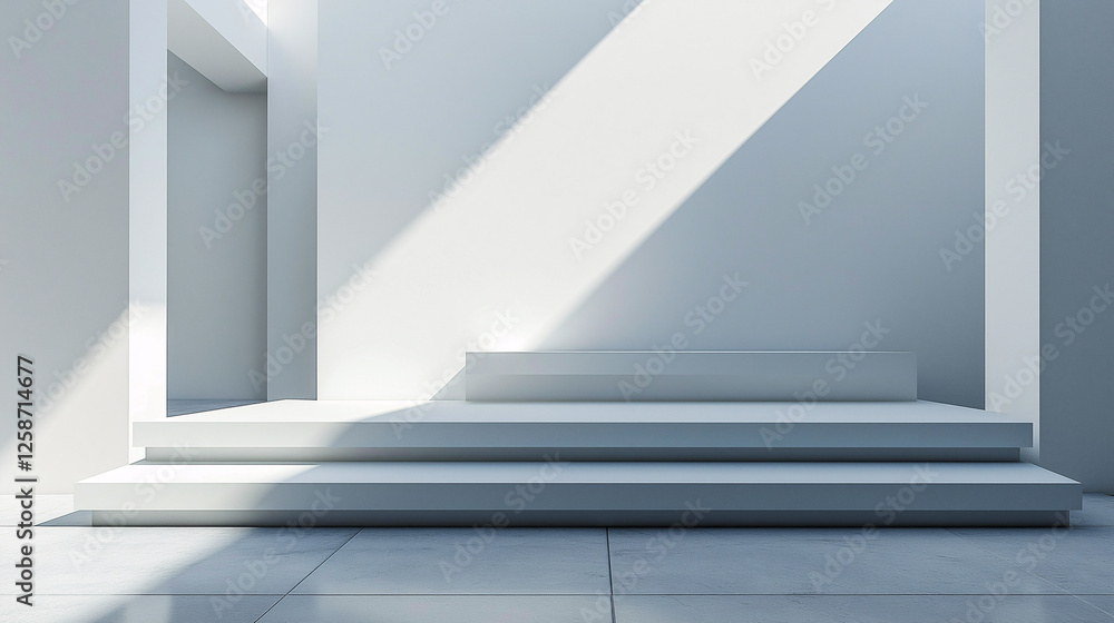 Fototapeta premium A white room with a white staircase and a white bench